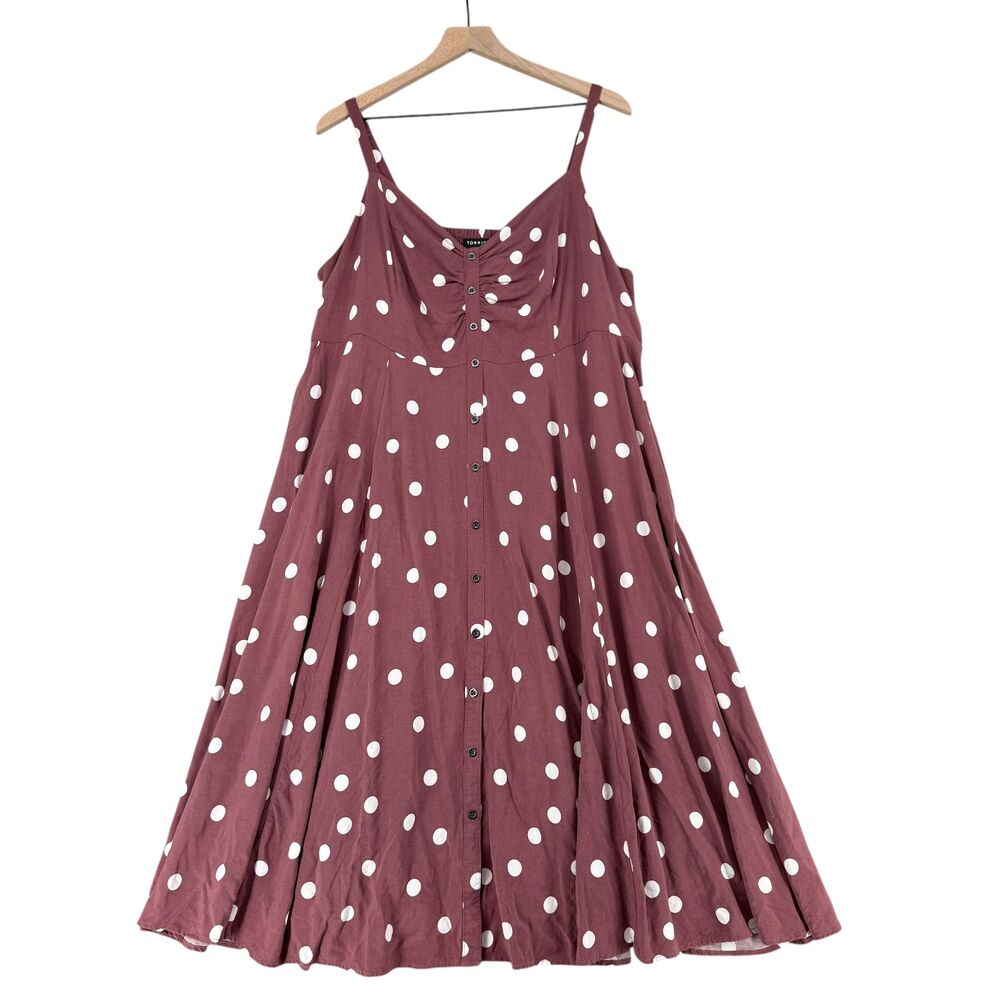 Torrid Midi Challis Dress 2X Brown Polka Dot Button Smocked Sweetheart Pockets - Picture 2 of 12
